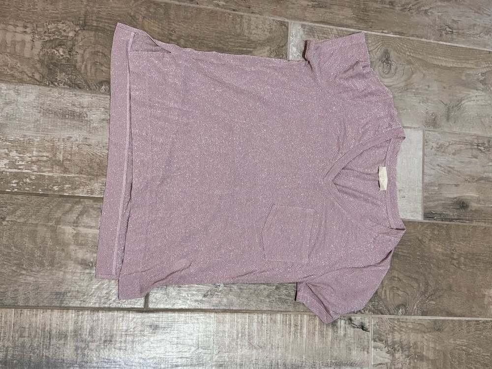 Momoni Glitter Shimmer Metallic V-Neck Short Sleeve Pocket T-Shirt Pink